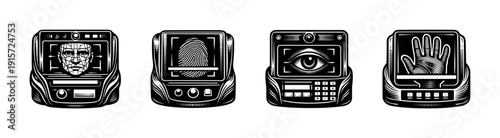 Flat vector illustrations of identification interfaces, biometric scanners, futuristic technology icons