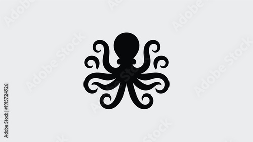 Stunning black octopus silhouette with curled tentacles on white background