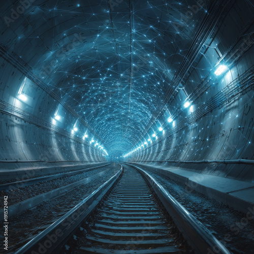 Underground tunnel with rails. Metro train track. Polygonal design of lines and points. Blue background.