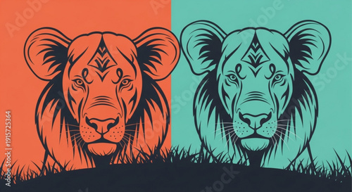 Lion and lioness heads with tribal markings on colorful backgrounds