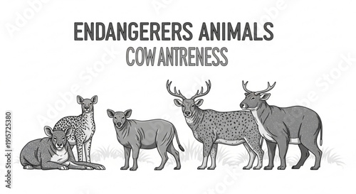 Endangered animals wildlife conservation concept with cow awareness featuring deer cheetah and other threatened species in a line