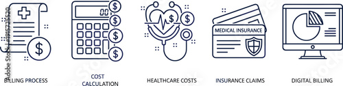 Medical care icon set featuring hospital building doctor emergency siren health insurance shields and digital billing process symbols in black thin line style.