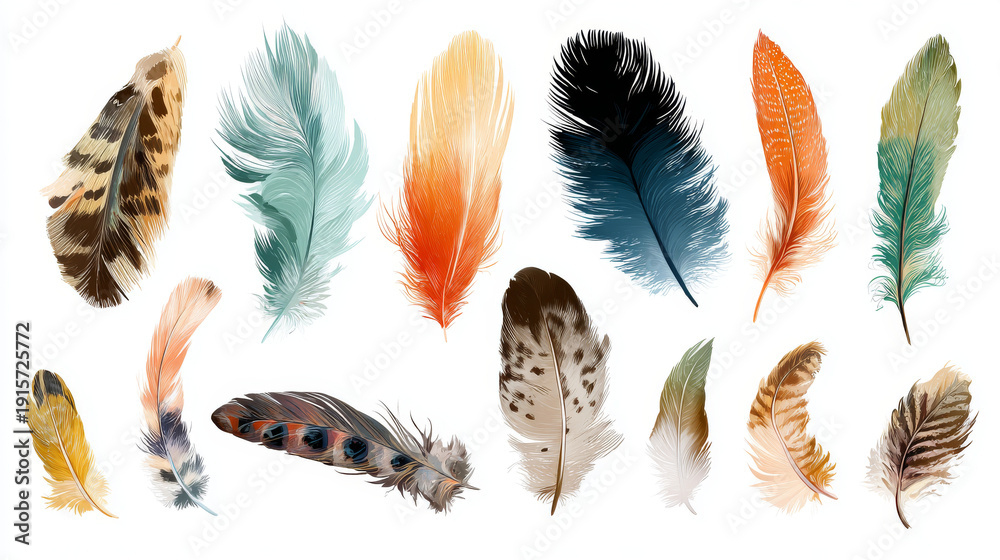 Obraz premium Set of a variety of feathers - brushes, vector, isolated on white background.