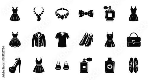Fashion accessories icons display dresses, jewelry, and shoes.