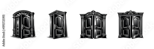 Doorway design elements: flat vector illustrations of ornamental and architectural doors
