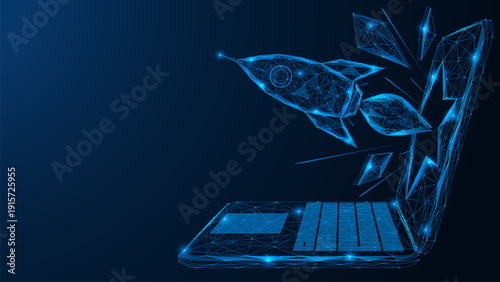 The breakthrough of digital reality. A rocket piercing the laptop screen and flying fragments. The concept of technological breakthrough, startup launch and acceleration of projects.