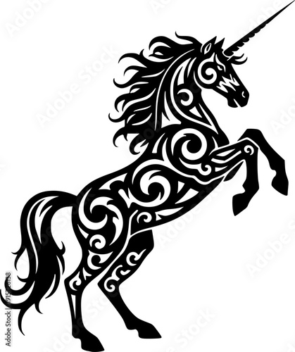 Black heraldic unicorn silhouette with ornate swirling tribal patterns and sharp horn, rearing pose, mythical creature vector art, logo design, isolated on white background