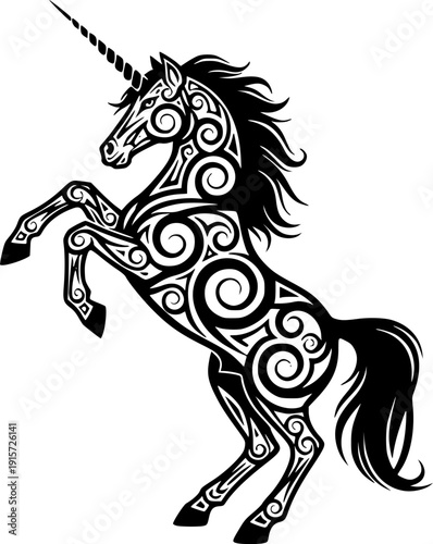 Black heraldic unicorn silhouette with ornate swirling tribal patterns and sharp horn, rearing pose, mythical creature vector art, logo design, isolated on white background