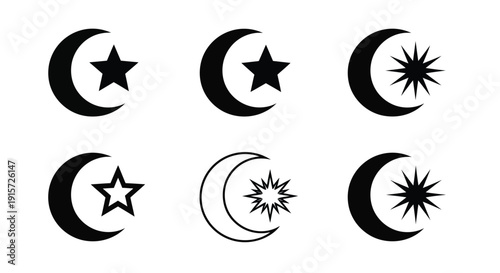 Set of Islamic crescent moon and star symbol collections.