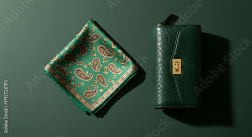 Elegant green silk pocket square with paisley pattern and matching leather clutch bag flat lay for fashion and accessory concept