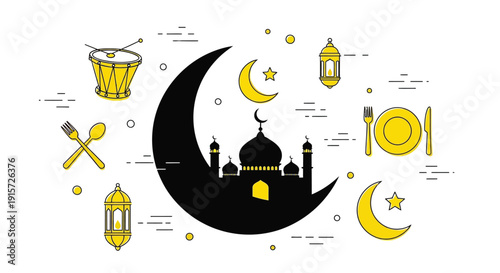 Mosque and crescent moon icons frame celebratory meal items.