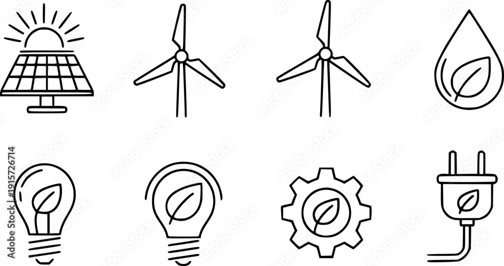 Naklejka premium Renewable Energy Linear Icons Set Solar Panel Wind Turbine and Water Drop Vector 