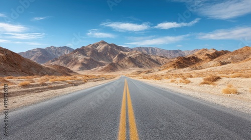 Serene Desert Road Leading into Majestic Mountains under Clear Blue Sky in a Remote Landscape