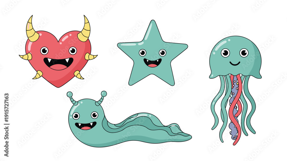 Obraz premium Set of four adorable cartoon monsters featuring friendly characters like a horned heart, a happy star, and cute sea creatures.
