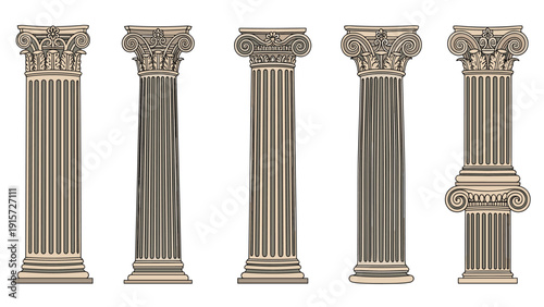 Set of five classical architectural columns in various styles including doric, ionic, and corinthian designs on a white background.