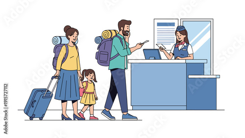 Family of three checking in for their flight at an airport counter with a helpful airline staff member assisting them.