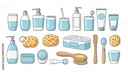 Collection of various bathroom toiletries and accessories including bottles of soap, sponges, brushes, and toothbrushes.