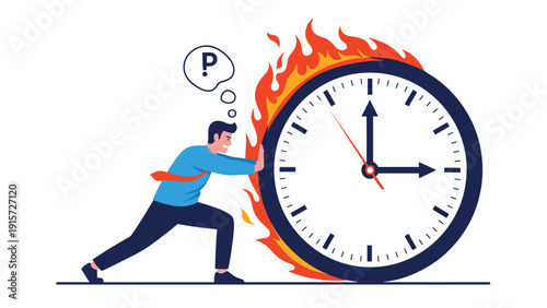 Stressed businessman struggling to stop a giant burning clock representing time management pressure and urgent deadlines.