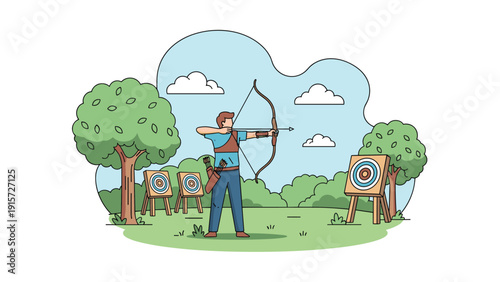 Skilled archer aiming a bow and arrow at a target in a peaceful outdoor setting surrounded by trees under a bright blue sky.