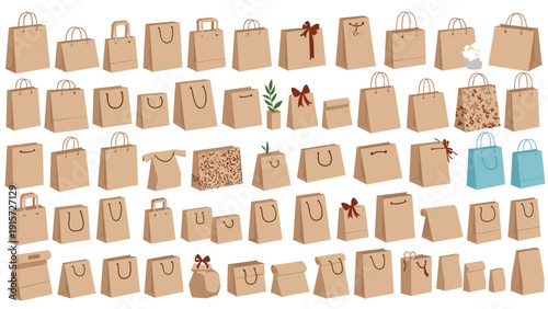Comprehensive collection of diverse paper shopping bags in various sizes and designs featuring handles and decorative bows.