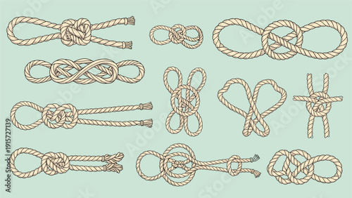 Collection of different nautical and climbing rope knots on a solid light blue background for marine or safety design.
