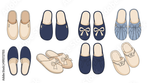 Assorted collection of comfortable indoor house slippers featuring various colors, patterns, and decorative elements like bows.