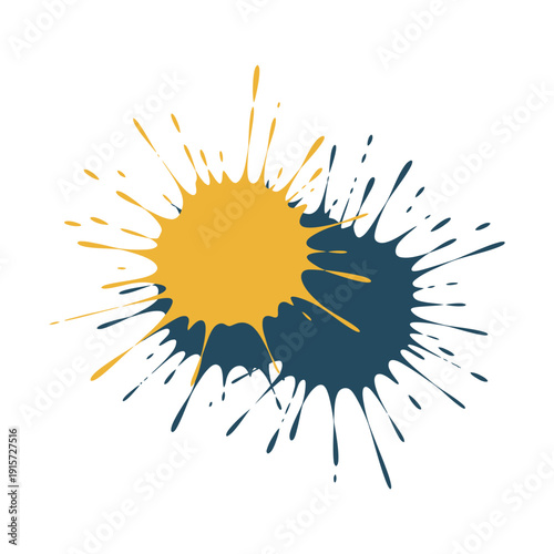 A vibrant abstract illustration of yellow and blue paint splatters on a white background