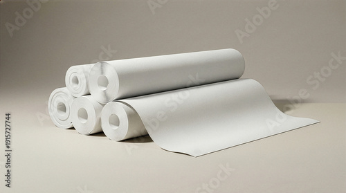Stacked rolls of light beige textured wallpaper ready for home decoration projects on a clean studio background