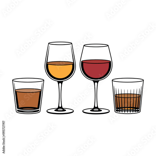 An illustration of four glasses of different alcoholic beverages on a white background