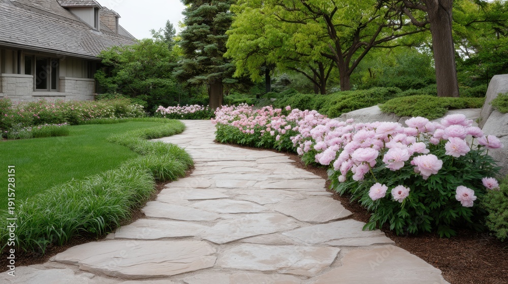 Obraz premium Serene Garden Path with Pink Peonies and Lush Greenery in a Beautiful Landscape Setting Surrounded by Trees and Elegant Home Design