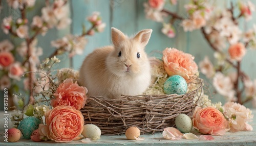 Adorable young lagomorph sits within a woven container surrounded by flowering branches and painted ovoids
