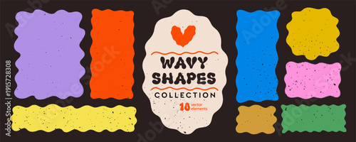 Colorful wavy shape rectangle frame set with organic square, zigzag doodle text box elements on dark brown background. Playful curvy frames in purple, orange, blue, yellow and green.