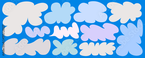 Soft wavy shape frame set with cloud like organic doodle forms and curvy amoeba silhouettes in pastel tones on blue background. Playful rounded frames for posters, packaging and social media design