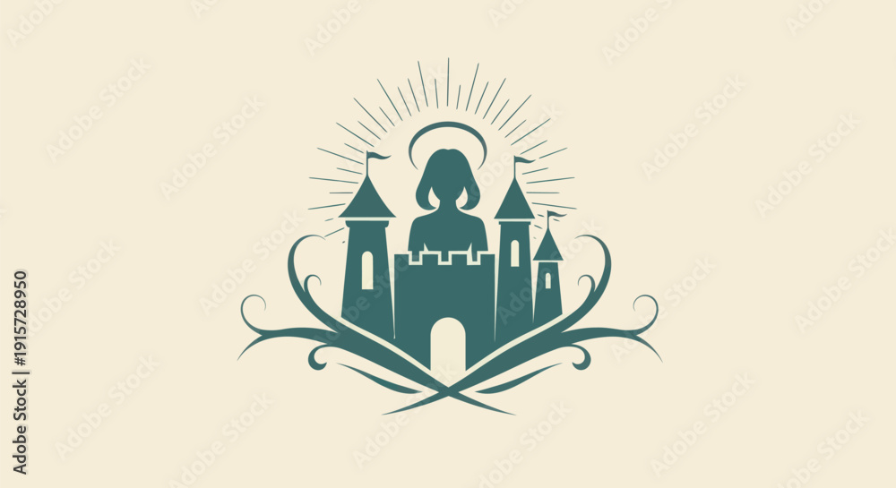Naklejka premium Green castle emblem with halo illustration