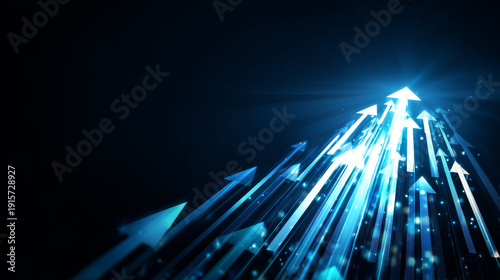 Arrows growth technology background with blue futuristic, glowing lines and digital innovation. success pathway, business development, leadership and the road to achievement.