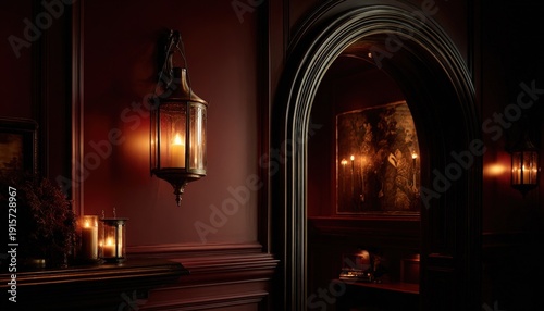Ornate interior space features warm candle lighting against deep crimson walls