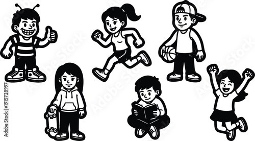 Cartoon sticker style close up of six playful kids doing sports reading and jumping in bold black and white vector