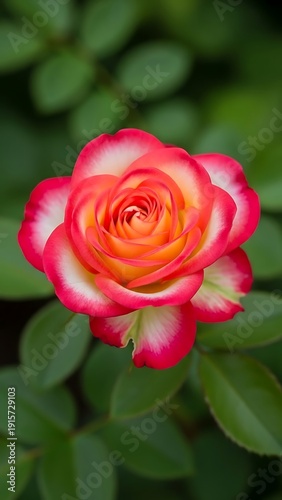 Beautiful pink and yellow rose with green leaves around it