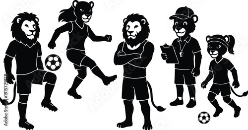 Vector lion soccer team silhouettes with coach holding clipboard female striker kicking ball confident captain standing arms crossed black portrait