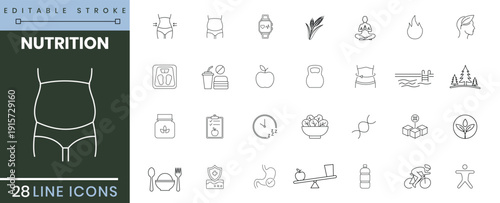 Nutrition and fitness line icons set with healthy food diet weight loss and wellness symbols