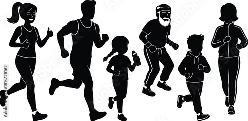 Silhouette vector group jogging in profile showing woman man girl boy and senior running left to right active fitness motion