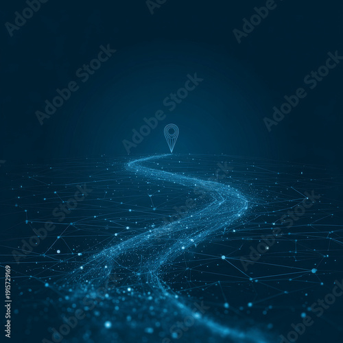 Road to 2025, location indicator at the end of the path. Polygonal design of lines and dots. Blue background.