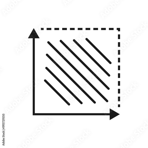 Area measurement icon with square and dimension arrows. Size calculation symbol in linear outline style.