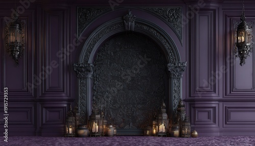 Ornate interior space features deep purple paneled walls framing a dark arched niche surrounded by illuminated metal lanterns.