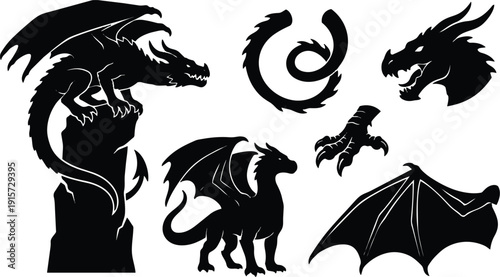 Vector silhouette set of dragon heads wings claws and full body icons in bold black profile for emblem badge design