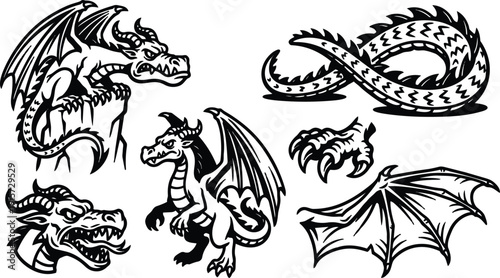 Tattoo flash dragon heads and coiled tail wing and claw elements in bold line art composition close up full pose