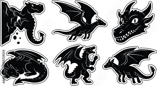 Sticker style black and white dragon sticker showing six distinct poses close up detailed vector art bold outline fierce expressions