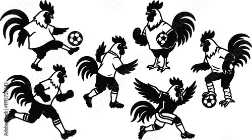 Tattoo flash dynamic rooster soccer player set showing kicking running holding ball multiple angles bold silhouette action vintage sports mascot