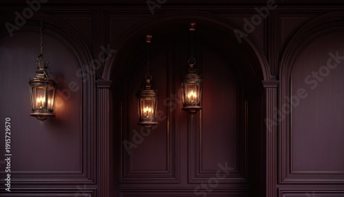 Ornate antique lanterns illuminate dark, richly paneled interior walls creating a moody atmosphere