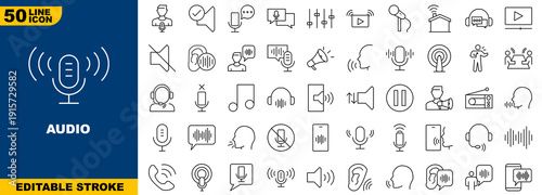 Audio and Voice Communication Line Icons Set Editable Stroke